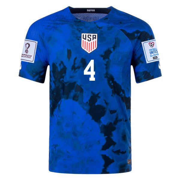 Nike United States Tyler Adams Authentic Match Away Jersey 22/23 w/ World Cup 2022 Patches (Bright Blue/White)